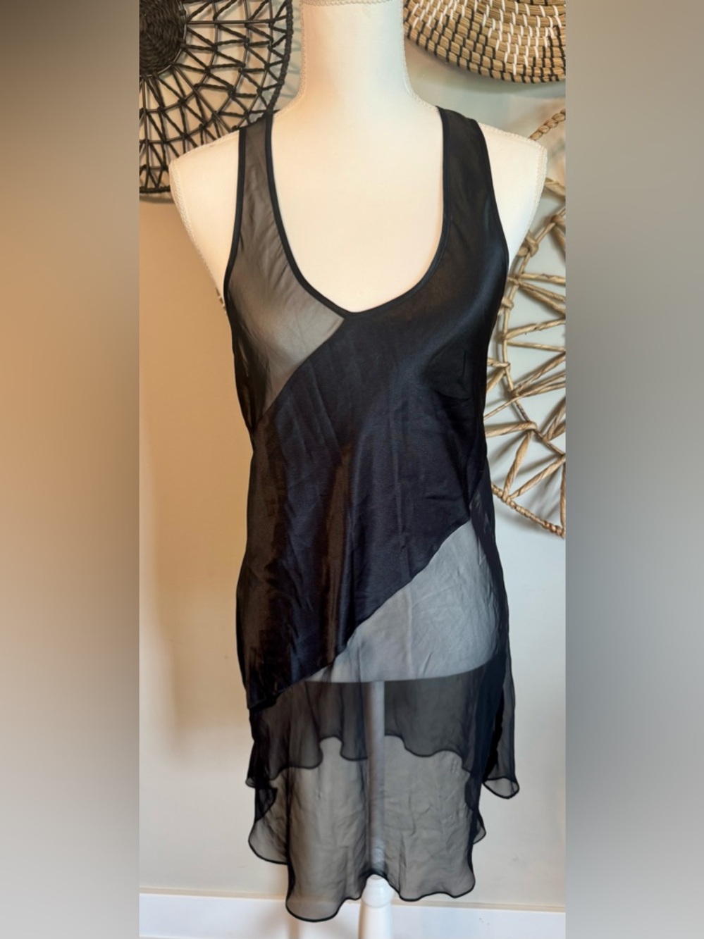 Vintage Frederick's of Hollywood Black Satin & Mesh Chemise Size M/L
